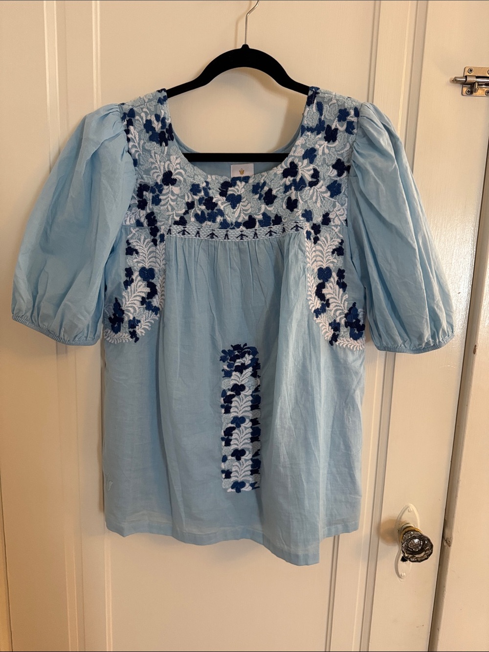 J.Marie Light Blue Embroidered Puff-Sleeve Blouse with Navy & White Accents